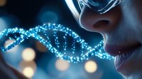 Glowing DNA helix strand with particles floating in dark blue space near person's face, representing genetic research and biotechnology advancement.
