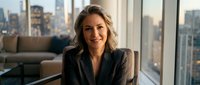 Professional blonde businesswoman smiling confidently in modern office with city skyline view. Corporate executive portrait for business success concepts.