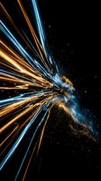 Dynamic explosion of orange and blue light streaks radiating from center with sparkling particles on black background for digital art projects.