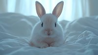 Adorable white dwarf bunny with pink ears sitting on soft white bedding in gentle morning light, creating serene and peaceful mood for lifestyle and pet photography.