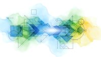 Abstract geometric network with connected nodes and flowing watercolor shapes in blue green yellow for technology design backgrounds.