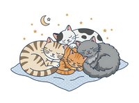 Three cute cats sleeping together on a cloud with moon and stars, isolated clipart for children's designs, nursery decor, and t-shirt prints.