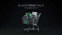 Shopping cart filled with wrapped gift boxes and shopping bags on black background, promoting seasonal retail sales and exclusive discounts for commercial advertising and marketing campaigns.