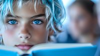Young person with striking blue eyes and light hair reading book in soft blue lighting, creating dreamy atmospheric mood for education and learning concepts.