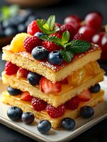 Fresh berry mille-feuille dessert with layers of puff pastry, vanilla cream, strawberries, raspberries, blueberries and mint leaves on white plate.
