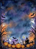 Watercolor Halloween frame with pumpkins, ghosts, bats and spooky trees on starry night sky background for seasonal greeting cards and party invitations.