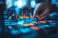 Financial analyst working with interactive data visualization dashboard showing market trends and statistics on digital display in dark blue environment.