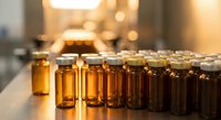 Amber glass vials arranged in rows on laboratory table with warm lighting creating professional pharmaceutical research atmosphere for medical testing.