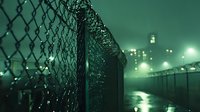 Atmospheric night scene with chain link fence and razor wire against foggy green urban background. Security perimeter with glowing lights creates moody ambiance.