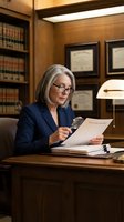Senior female attorney examining legal documents with magnifying glass in traditional law office with wooden shelves and diplomas.