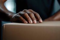 Close-up of hands carefully placing on cardboard package for shipping and delivery services in logistics warehouse environment.