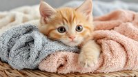 Adorable ginger kitten with big eyes resting in wicker basket with soft pink and gray towels, looking directly at camera. Cozy home pet photography.