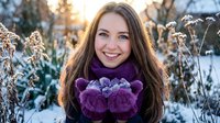 Young Caucasian woman with long brown hair wearing purple knitted scarf and mittens smiling in snowy winter landscape with frosted plants at sunset.