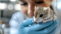 Young female veterinarian in protective gloves holding and examining tiny Roborovski dwarf hamster during medical checkup at veterinary clinic. Focus on small pet.