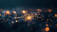 Glowing digital network connections with orange bokeh lights on dark background, abstract technology concept visualization for business innovation.