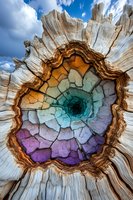 Colorful spiral pattern inside hollow tree stump with rainbow gradient from purple to turquoise, dramatic natural formation against blue sky with clouds.