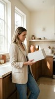 Young blonde woman in beige blazer holding white box in modern kitchen with natural light streaming through windows for home delivery concept.