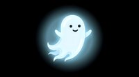 Cute glowing ghost character with smiling face and raised arms on dark background, isolated design element for Halloween graphics, greeting cards, and digital projects.