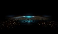 Abstract digital wave pattern with glowing blue light and golden particles on black background, futuristic technology visualization for modern design.