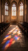 Gothic church interior with colorful stained glass light reflections on stone floor, wooden pews, cross altar, spiritual worship space for religious content.