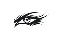 Stylized feminine eye with dramatic eyelashes and sharp angular lines in black silhouette, isolated on white background for logo, tattoo or graphic design.