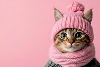 Adorable tabby cat wearing pink knitted winter hat and scarf on pastel background for pet fashion and seasonal greeting cards.