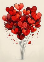 Red heart-shaped balloons bouquet with watercolor texture on beige background, romantic Valentine's day illustration with delicate black line stems and floating hearts.