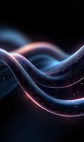 Glowing abstract waves with blue and pink light trails against dark background, sparkling particles creating dynamic flowing motion effect for technology designs.