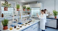 Young female scientist in white lab coat conducting plant research experiment in modern laboratory with green plants and scientific equipment.