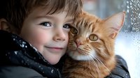 Young boy in winter coat snuggling with ginger cat against snowy window background, capturing tender moment of friendship and companionship between child and pet in cozy indoor setting.