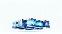 Glowing digital cubes with circuit patterns and blue light effects arranged in a row on white background, suitable for technology and innovation concepts.