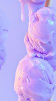 Melting ice cream scoops in pastel pink and purple tones with holographic glitter effect and dripping syrup against dreamy gradient background.