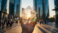 Businessman holding glowing house symbol with green checkmark in urban downtown setting, representing real estate investment, property ownership, and sustainable housing solutions.