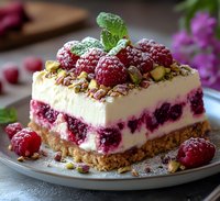 Creamy cheesecake slice with fresh raspberries, pistachio crumble topping and cookie base on white plate. Garnished with mint leaves and powdered sugar.