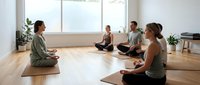 Group of diverse people practicing meditation and yoga in bright modern studio with natural light from large windows on wooden floor mats.