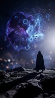 Hooded figure silhouette standing on rocky terrain observing cosmic virus outbreak in purple nebula space with floating pathogens and starfield background.