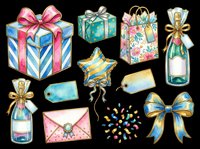 Watercolor birthday celebration clipart set with gift boxes, champagne bottles, bow, star balloon, envelope, confetti, and tags, isolated on transparent background, for stickers, t-shirt design, print on demand.