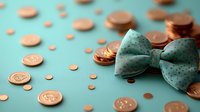 Scattered copper coins and mint green polka dot bow tie on turquoise background, creating elegant financial concept composition for business and style themes.