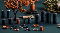 Miniature sewing workshop scene with navy blue thread spools, copper accessories and decorative tree on dark green background. Creative craft composition.