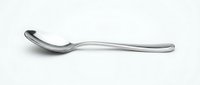 Elegant stainless steel soup spoon with curved handle isolated on white background for kitchen utensil design and culinary presentations.