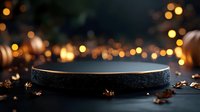 Black round podium with golden bokeh lights and autumn leaves on dark background creates mystical atmosphere for product display and photography.