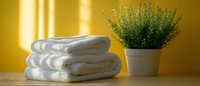 Folded white fluffy towels and green plant in ceramic pot on wooden surface against vibrant yellow wall with dramatic window light and shadows.