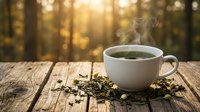 Steaming hot tea cup on rustic wooden table with scattered loose tea leaves, warm sunlight filtering through blurred forest background for cozy morning ritual.