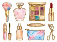 Luxury cosmetics collection featuring makeup brush, perfume bottle, eyeshadow palette, lipstick, mascara, serum dropper, and gold eyelash curler on white background. Isolated design elements.