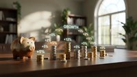 Piggy bank with stacked coins and growth percentage indicators displayed on wooden table in bright office space with plants and windows, representing financial success and investment returns.
