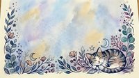 Watercolor floral frame with sleeping tabby cat, moon and stars on textured paper background for greeting cards, nursery decor and stationery designs.
