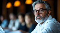 Mature businessman with gray beard and glasses looking thoughtfully during meeting, wearing white shirt in modern office space with warm lighting atmosphere.