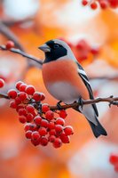 Male bullfinch perched on branch with red rowan berries against blurred orange autumn background, close-up nature photography showing detailed feathers and beak.