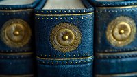Antique leather-bound books with ornate gold medallions and decorative elements on blue spines, close-up view showing rich texture and detailed craftsmanship.