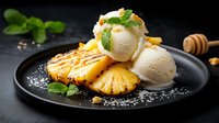 Grilled pineapple slices topped with vanilla ice cream scoops, fresh mint leaves, honey drizzle and crushed nuts served on black plate. Tropical dessert.